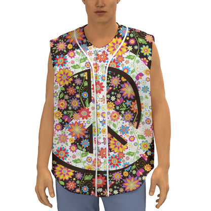 Hippie Flower Peace Sign Print Sleeveless Baseball Jersey