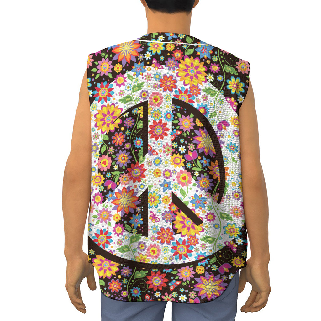 Hippie Flower Peace Sign Print Sleeveless Baseball Jersey