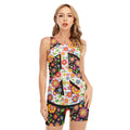 Hippie Flower Peace Sign Print Sleeveless One Piece Swimsuit