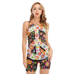 Hippie Flower Peace Sign Print Sleeveless One Piece Swimsuit