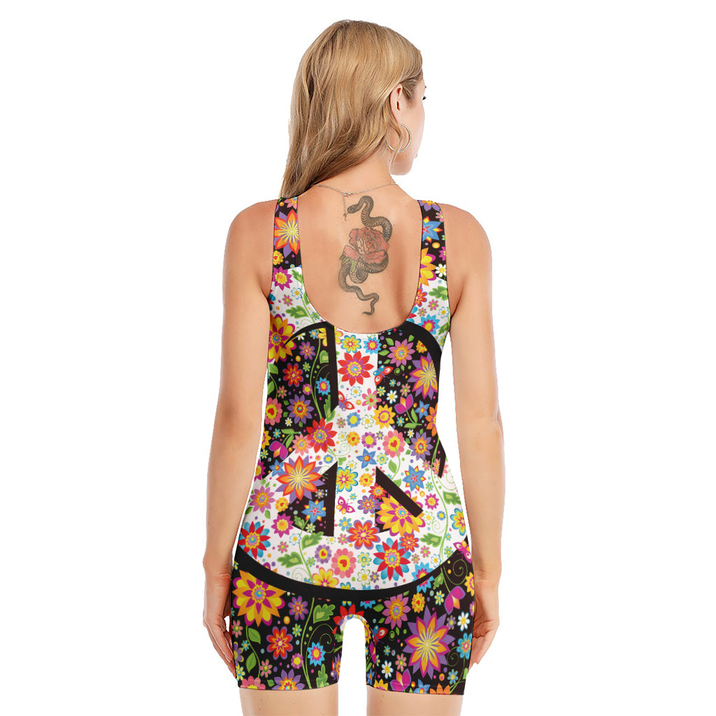 Hippie Flower Peace Sign Print Sleeveless One Piece Swimsuit