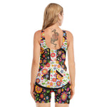 Hippie Flower Peace Sign Print Sleeveless One Piece Swimsuit