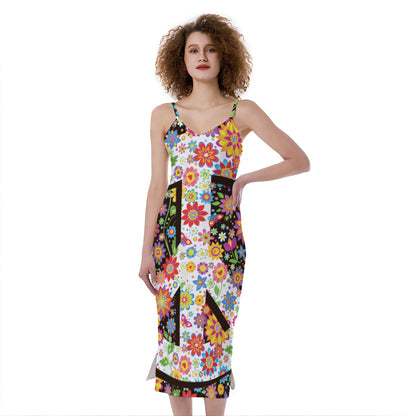 Hippie Flower Peace Sign Print Slim Fit Midi Cami Dress