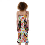 Hippie Flower Peace Sign Print Slim Fit Midi Cami Dress