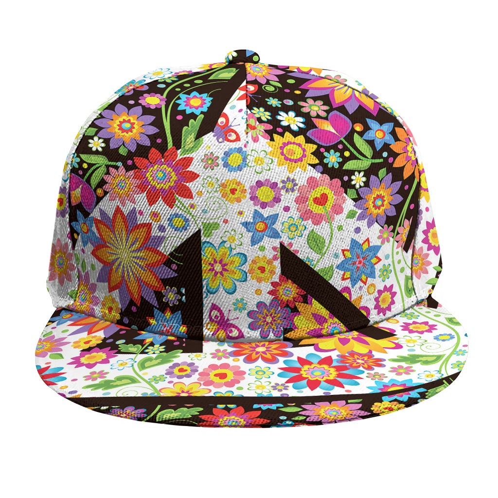 Hippie Flower Peace Sign Print Snapback Cap