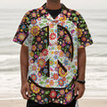 Hippie Flower Peace Sign Print Textured Short Sleeve Shirt