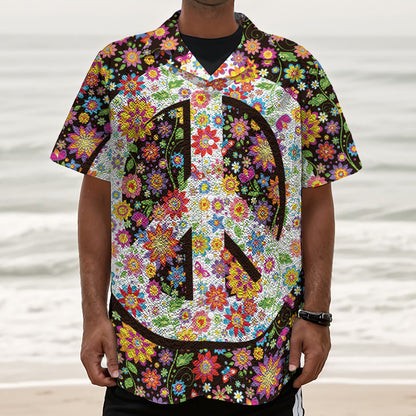Hippie Flower Peace Sign Print Textured Short Sleeve Shirt