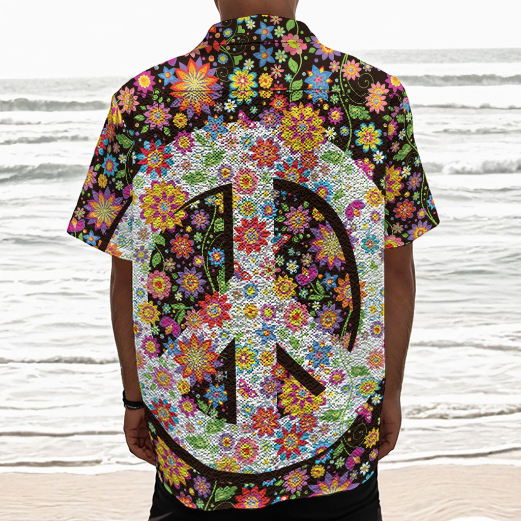 Hippie Flower Peace Sign Print Textured Short Sleeve Shirt