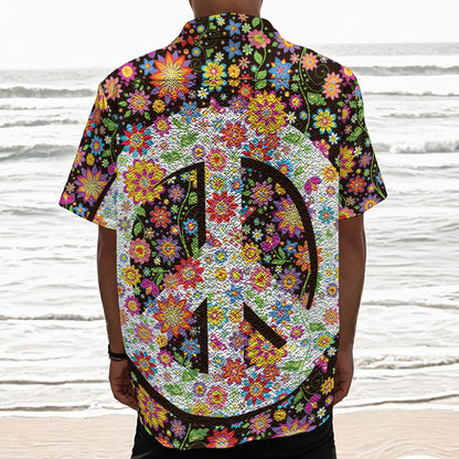 Hippie Flower Peace Sign Print Textured Short Sleeve Shirt