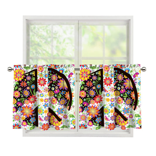 Hippie Flower Peace Sign Print Tier Curtains