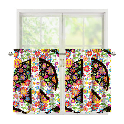 Hippie Flower Peace Sign Print Tier Curtains
