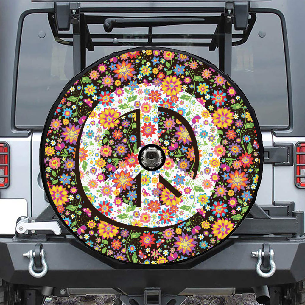 Hippie Flower Peace Sign Print Tire Cover With Camera Hole