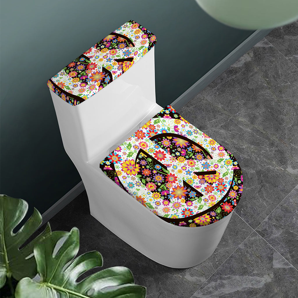 Hippie Flower Peace Sign Print Toilet Lid And Tank Cover Set
