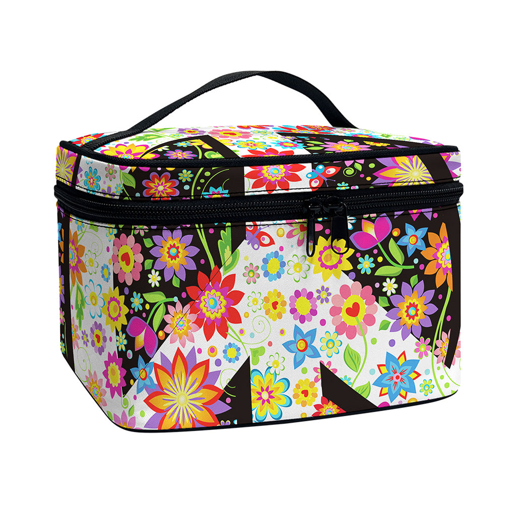 Hippie Flower Peace Sign Print Travel Makeup Bag