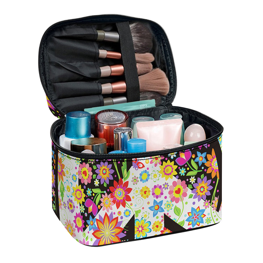 Hippie Flower Peace Sign Print Travel Makeup Bag