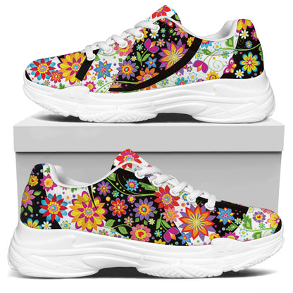 Hippie Flower Peace Sign Print White Chunky Shoes