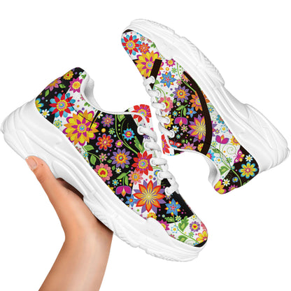 Hippie Flower Peace Sign Print White Chunky Shoes