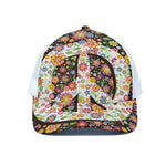 Hippie Flower Peace Sign Print White Mesh Trucker Cap