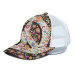 Hippie Flower Peace Sign Print White Mesh Trucker Cap