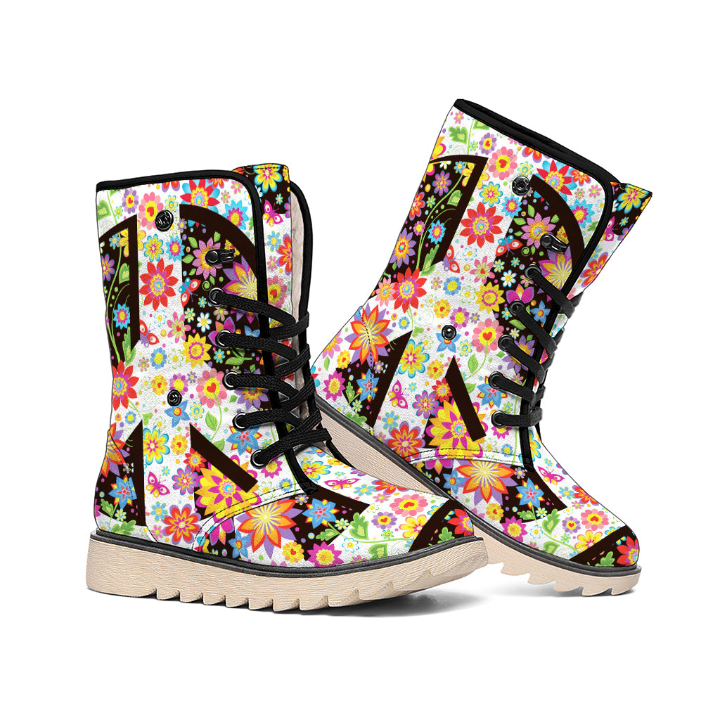 Hippie Flower Peace Sign Print Winter Boots