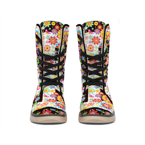 Hippie Flower Peace Sign Print Winter Boots