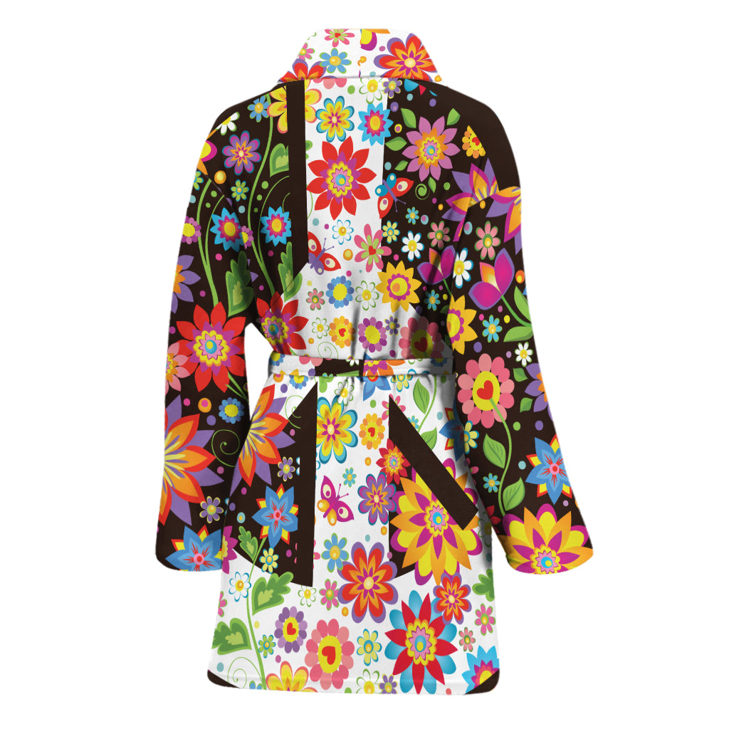 Hippie Flower Peace Sign Print Women's Bathrobe