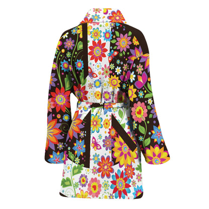 Hippie Flower Peace Sign Print Women's Bathrobe