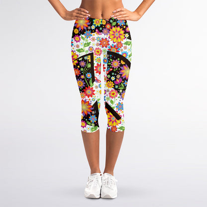 Hippie Flower Peace Sign Print Women's Capri Leggings