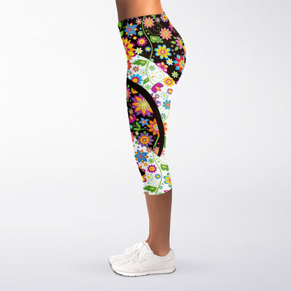 Hippie Flower Peace Sign Print Women's Capri Leggings