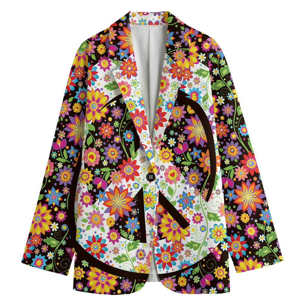 Hippie Flower Peace Sign Print Women's Cotton Blazer