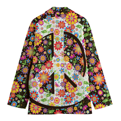 Hippie Flower Peace Sign Print Women's Cotton Blazer