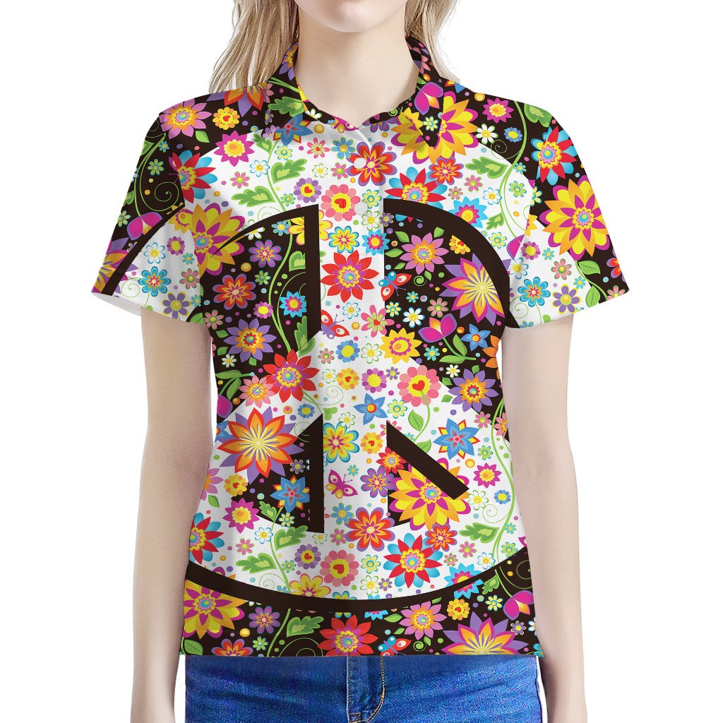 Hippie Flower Peace Sign Print Women's Polo Shirt