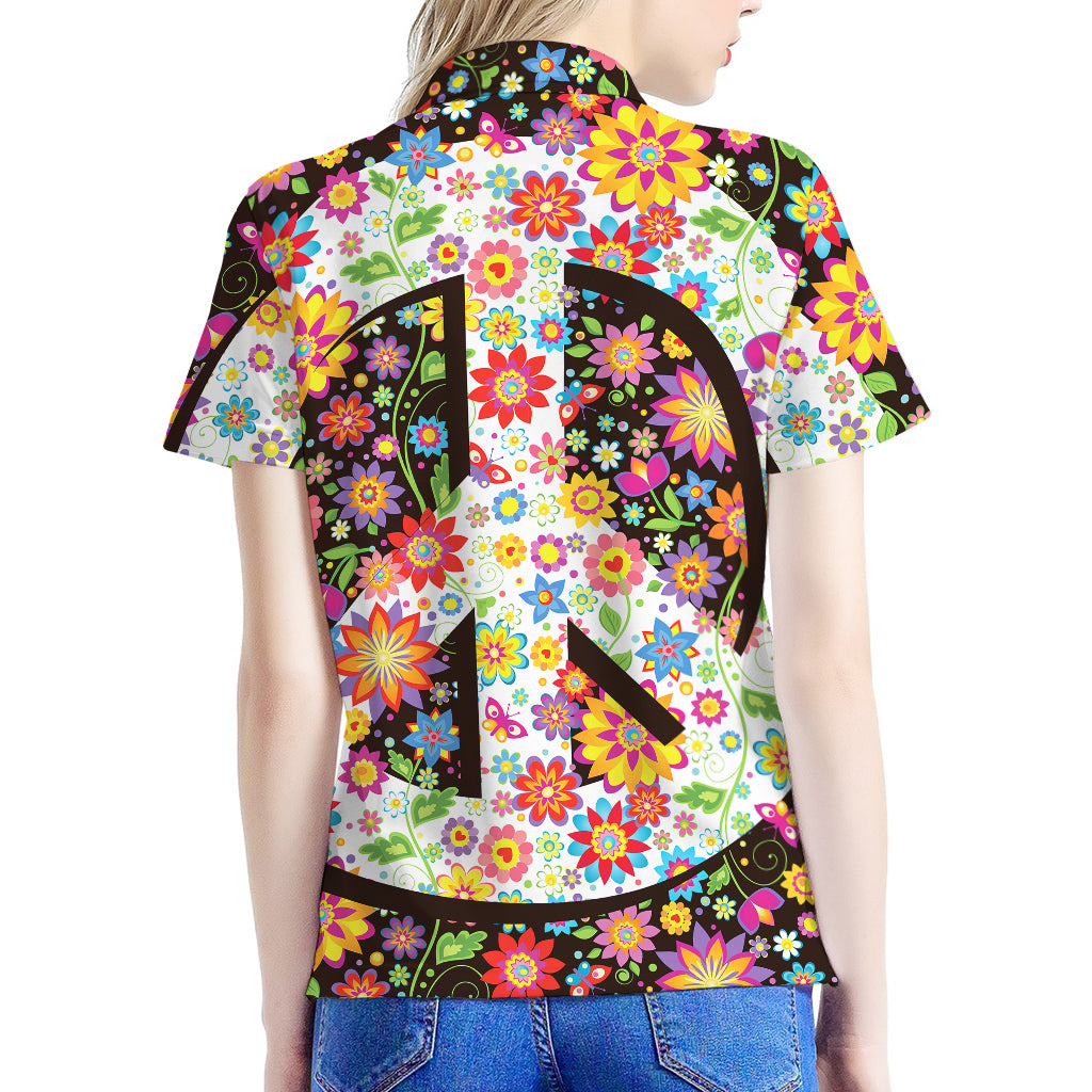 Hippie Flower Peace Sign Print Women's Polo Shirt