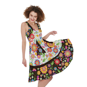 Hippie Flower Peace Sign Print Women's Sleeveless Dress