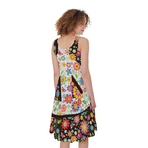 Hippie Flower Peace Sign Print Women's Sleeveless Dress