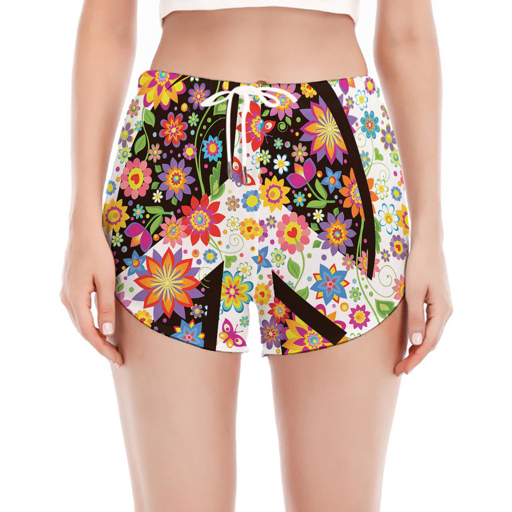 Hippie Flower Peace Sign Print Women's Split Running Shorts
