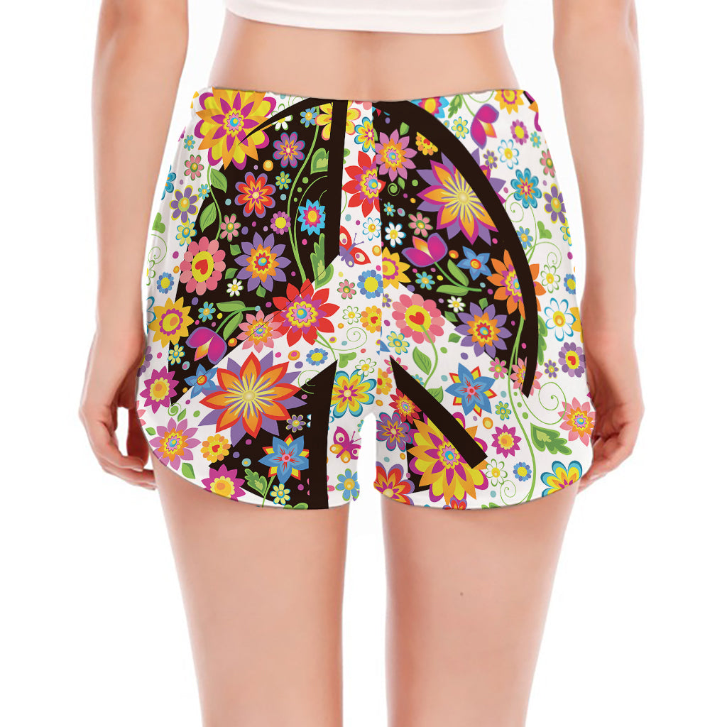 Hippie Flower Peace Sign Print Women's Split Running Shorts