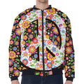 Hippie Flower Peace Sign Print Zip Sleeve Bomber Jacket