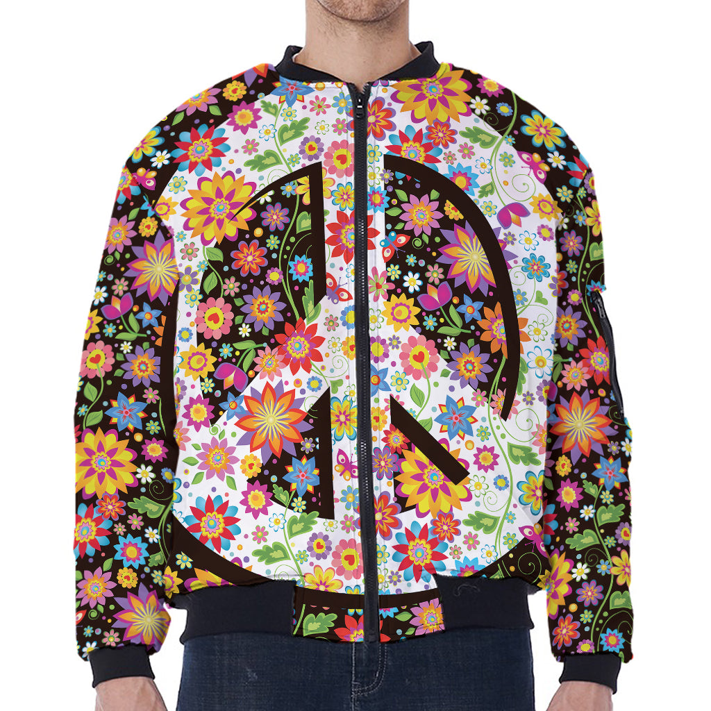 Hippie Flower Peace Sign Print Zip Sleeve Bomber Jacket