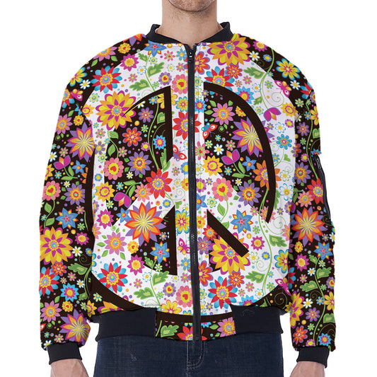 Hippie Flower Peace Sign Print Zip Sleeve Bomber Jacket