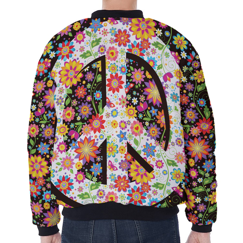 Hippie Flower Peace Sign Print Zip Sleeve Bomber Jacket