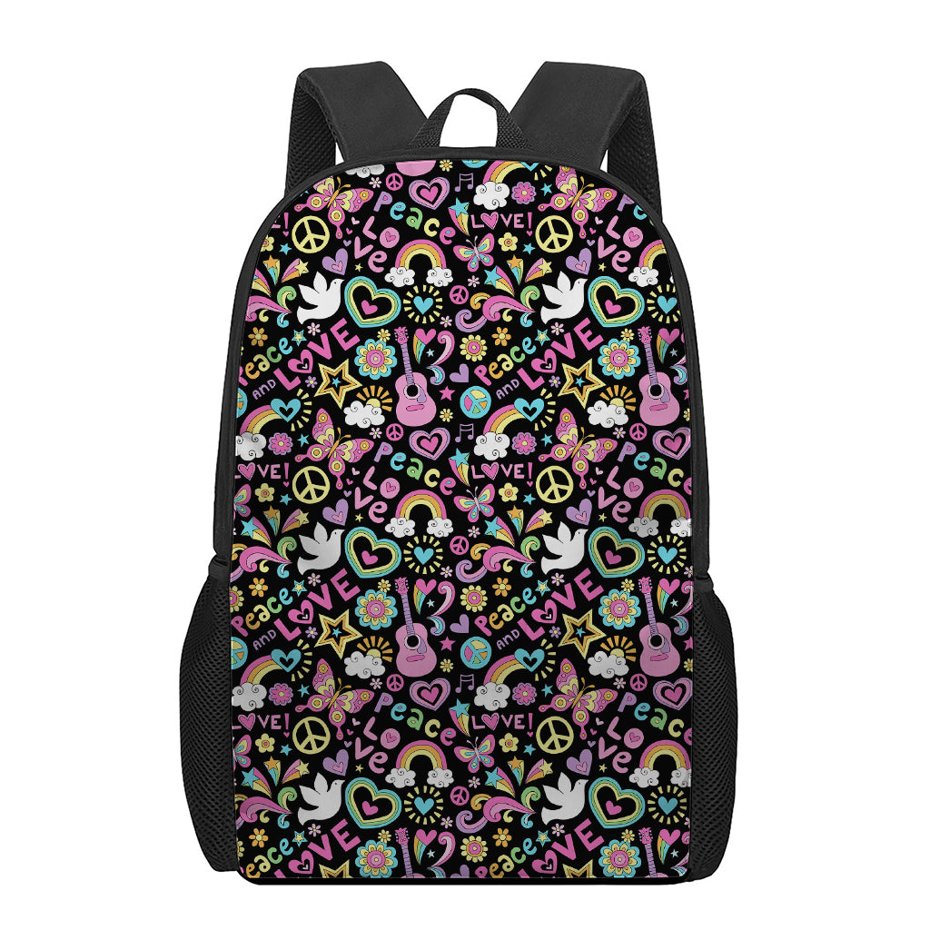 Hippie Peace Sign And Love Pattern Print 17 Inch Backpack