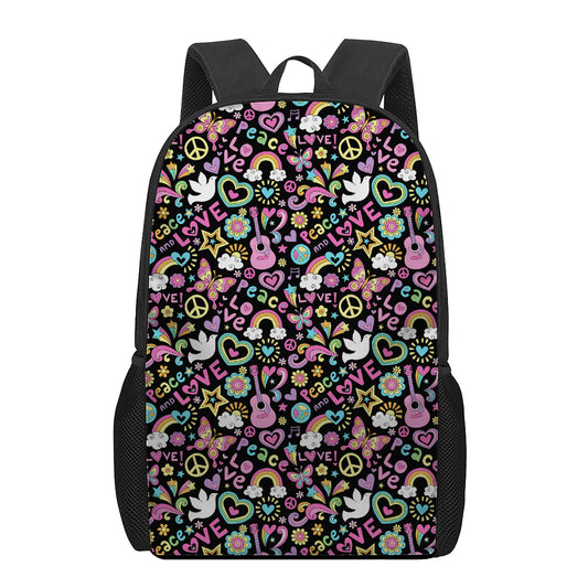 Hippie Peace Sign And Love Pattern Print 17 Inch Backpack