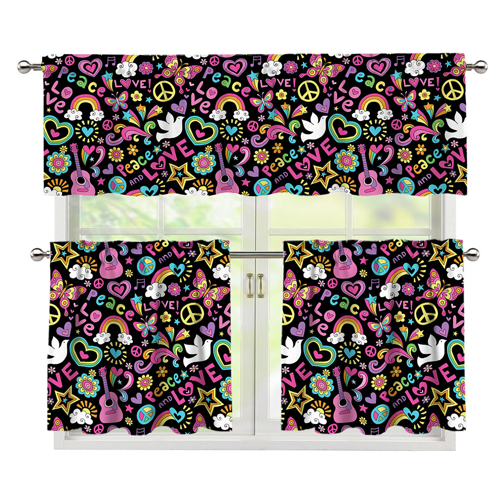 Hippie Peace Sign And Love Pattern Print 3 Piece Kitchen Curtains