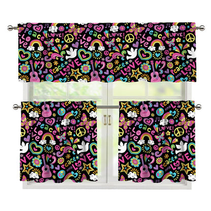 Hippie Peace Sign And Love Pattern Print 3 Piece Kitchen Curtains