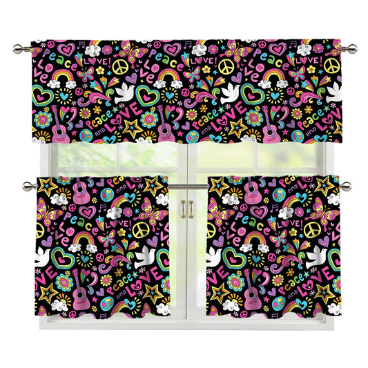 Hippie Peace Sign And Love Pattern Print 3 Piece Kitchen Curtains