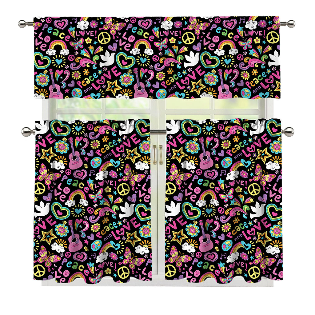 Hippie Peace Sign And Love Pattern Print 3 Piece Kitchen Curtains