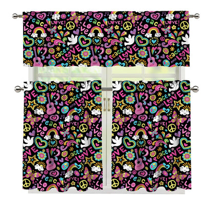 Hippie Peace Sign And Love Pattern Print 3 Piece Kitchen Curtains