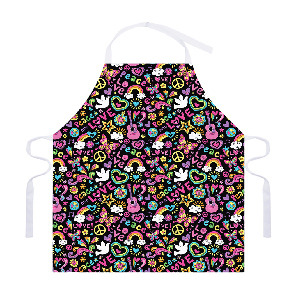 Hippie Peace Sign And Love Pattern Print Adjustable Apron