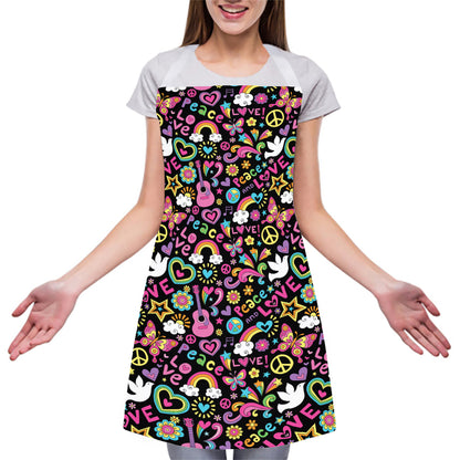 Hippie Peace Sign And Love Pattern Print Adjustable Apron